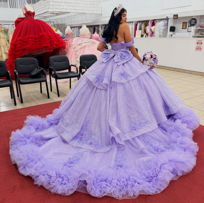 Off Shoulder Tulle Lace Appliqued Quinceanera Dresses Lilac Sweet 16 Party Gowns HE1826