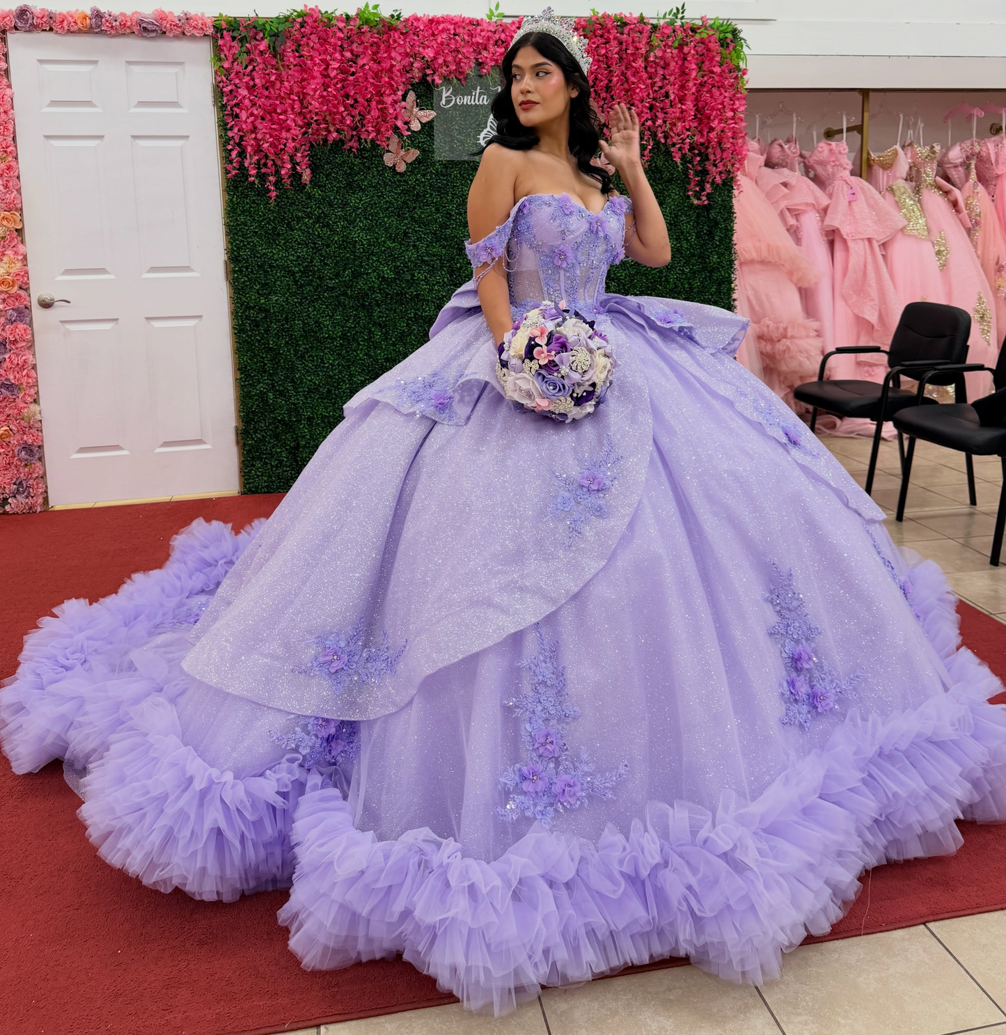 Off Shoulder Tulle Lace Appliqued Quinceanera Dresses Lilac Sweet 16 Party Gowns HE1826