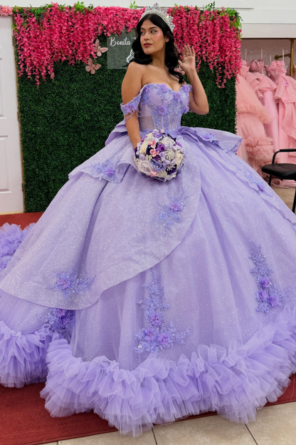 Off Shoulder Tulle Lace Appliqued Quinceanera Dresses Lilac Sweet 16 Party Gowns HE1826
