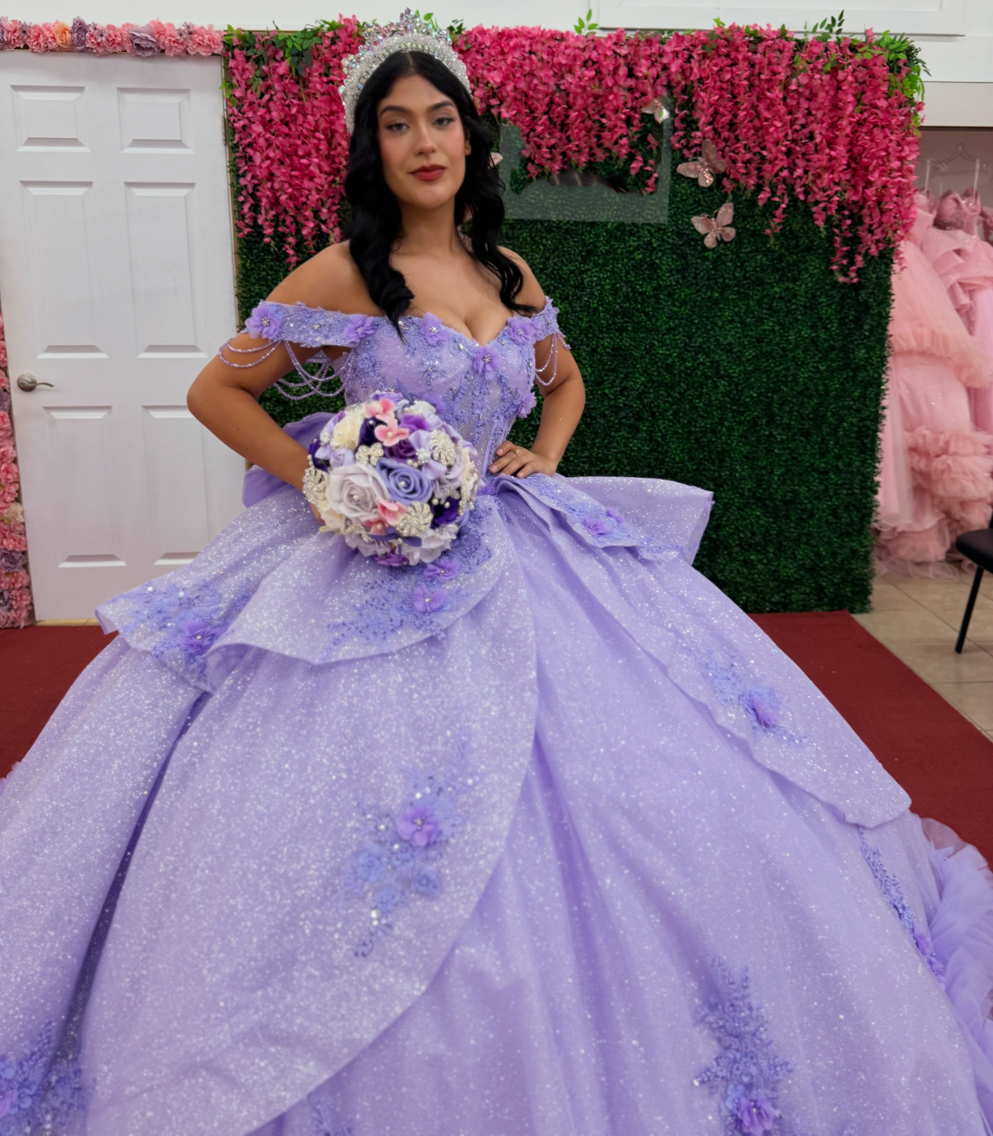 Off Shoulder Tulle Lace Appliqued Quinceanera Dresses Lilac Sweet 16 Party Gowns HE1826