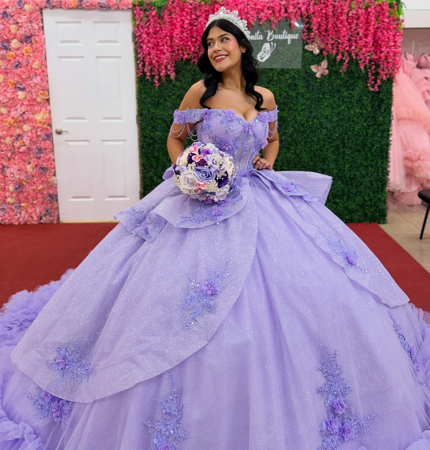 Off Shoulder Tulle Lace Appliqued Quinceanera Dresses Lilac Sweet 16 Party Gowns HE1826