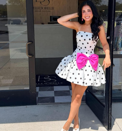 Strapless A Line Satin Homecoming Dresses Black Dots Short Party Gowns for Juniors HE1809