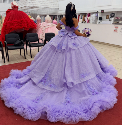 Off Shoulder Tulle Lace Appliqued Quinceanera Dresses Lilac Sweet 16 Party Gowns HE1826
