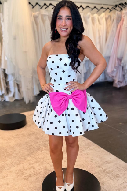 Strapless A Line Satin Homecoming Dresses Black Dots Short Party Gowns for Juniors HE1809