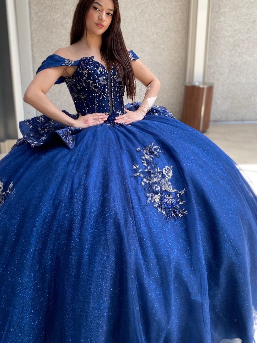 Glittery Tulle Lace Appliqued Blue Quinceanera Dresses Off Shoulder Sweet 16 Party Gown HE1821
