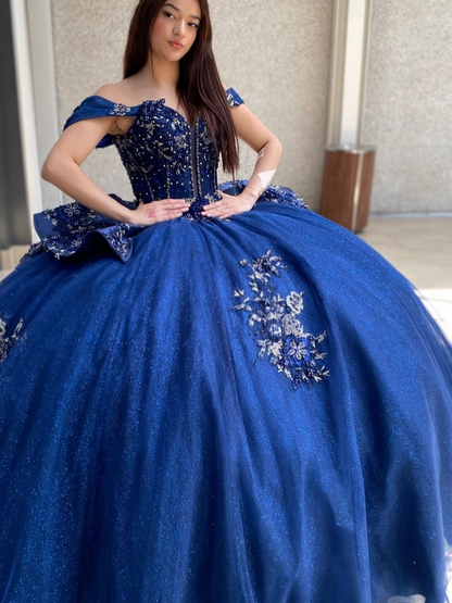 Glittery Tulle Lace Appliqued Blue Quinceanera Dresses Off Shoulder Sweet 16 Party Gown HE1821