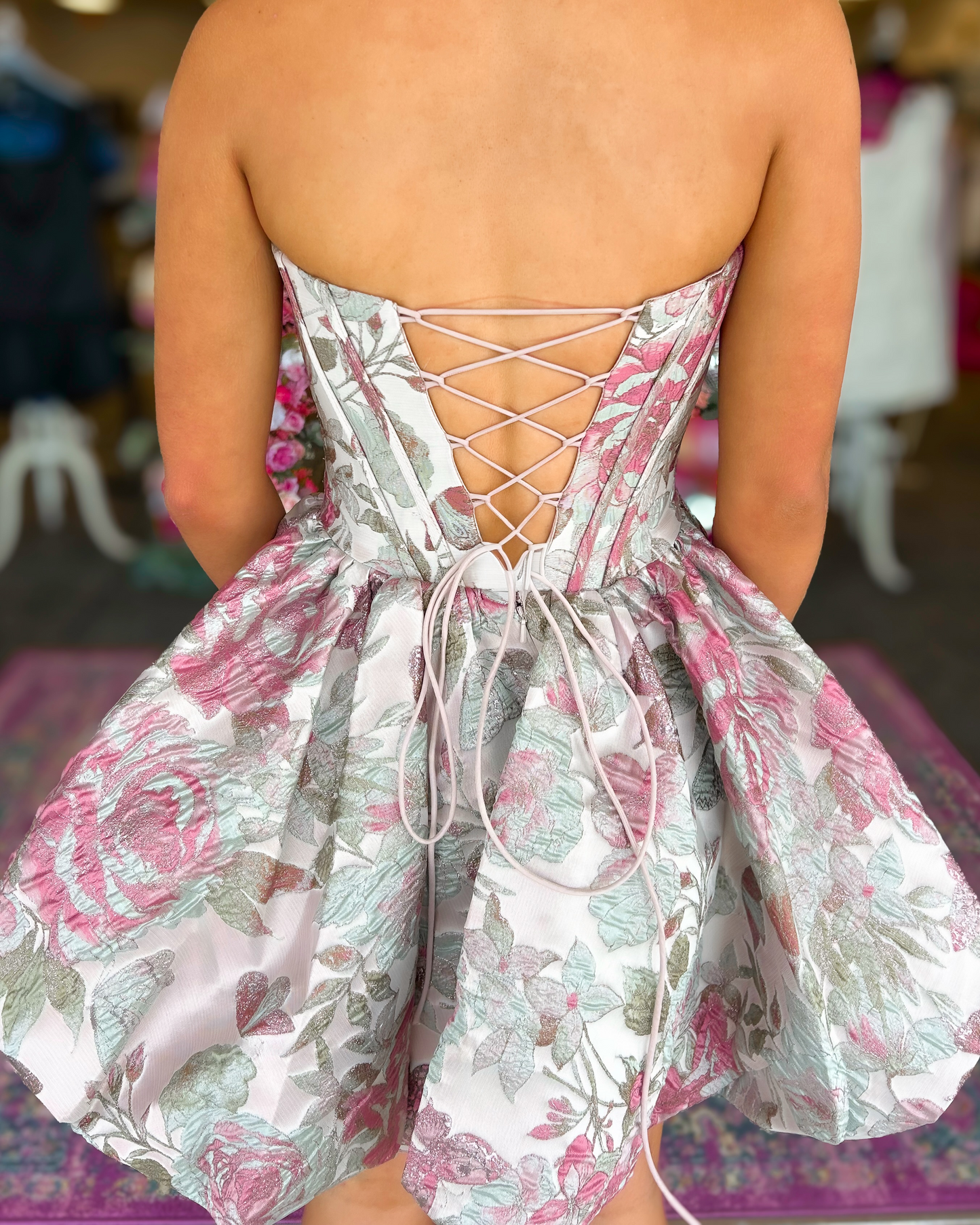 A Line Homecoming Dresses Satin Floral Print Corset Party Gowns for Juniors HE1839