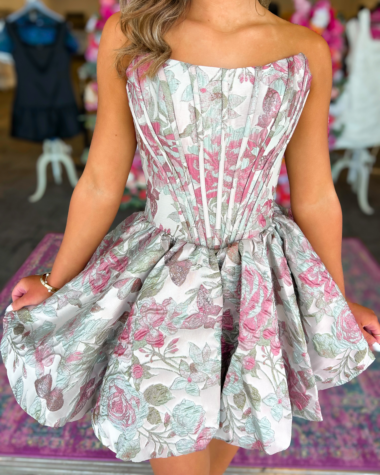 A Line Homecoming Dresses Satin Floral Print Corset Party Gowns for Juniors HE1839