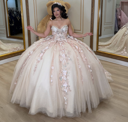 Sweetheart Champagne Quinceanera Dresses Sweet 16 Lace Flower Birthday Gowns HE1930