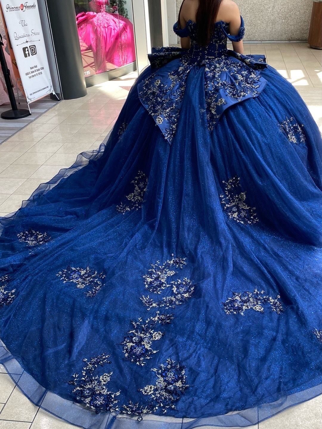 Glittery Tulle Lace Appliqued Blue Quinceanera Dresses Off Shoulder Sweet 16 Party Gown HE1821
