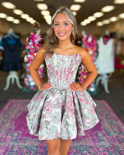 A Line Homecoming Dresses Satin Floral Print Corset Party Gowns for Juniors HE1839