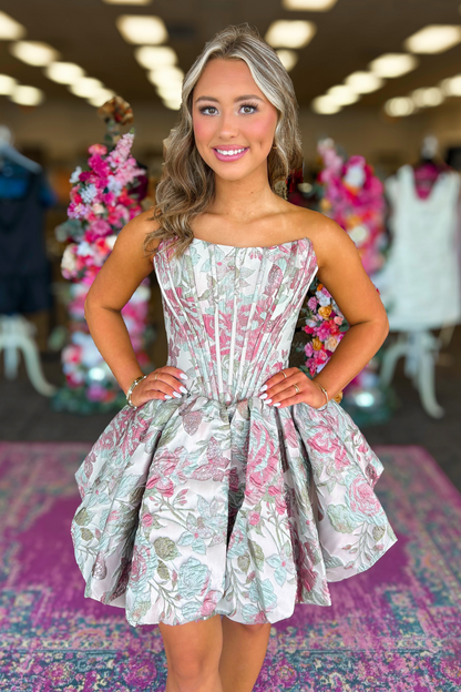 A Line Homecoming Dresses Satin Floral Print Corset Party Gowns for Juniors HE1839