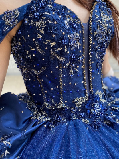 Glittery Tulle Lace Appliqued Blue Quinceanera Dresses Off Shoulder Sweet 16 Party Gown HE1821