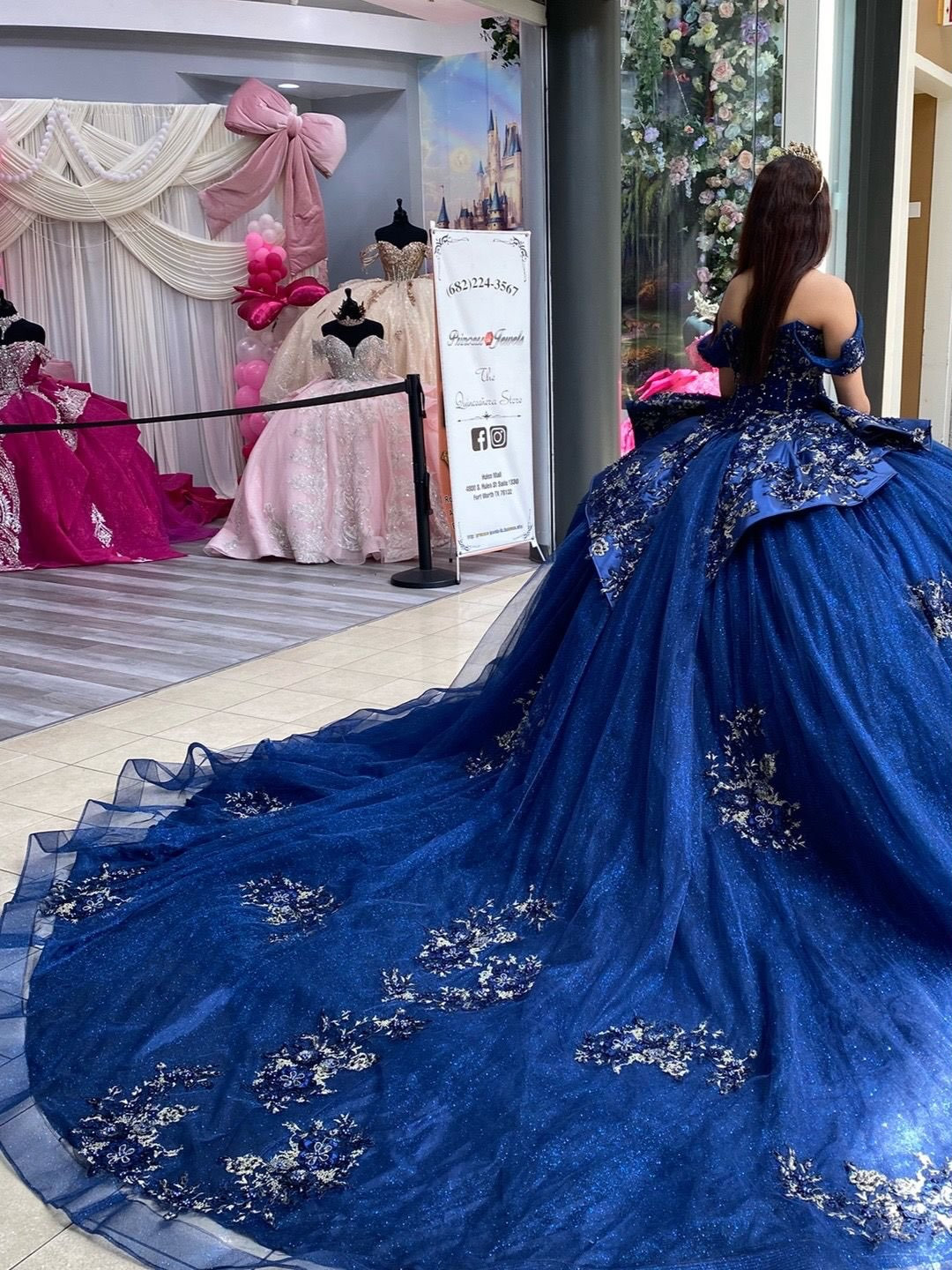 Glittery Tulle Lace Appliqued Blue Quinceanera Dresses Off Shoulder Sweet 16 Party Gown HE1821