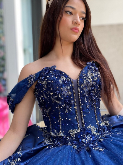 Glittery Tulle Lace Appliqued Blue Quinceanera Dresses Off Shoulder Sweet 16 Party Gown HE1821