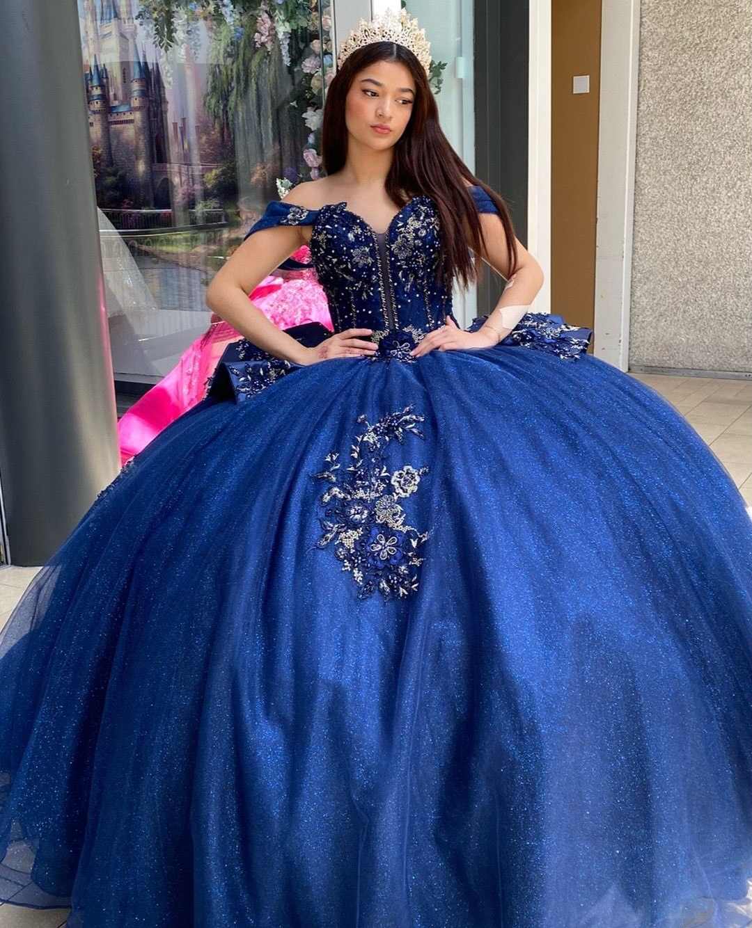 Glittery Tulle Lace Appliqued Blue Quinceanera Dresses Off Shoulder Sweet 16 Party Gown HE1821