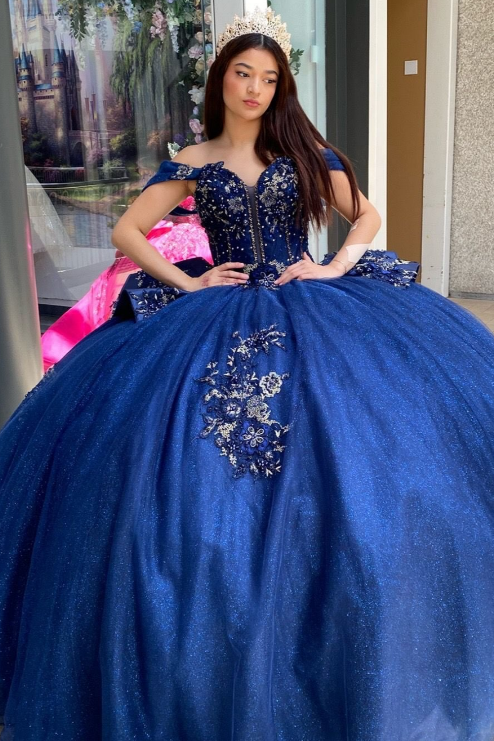Glittery Tulle Lace Appliqued Blue Quinceanera Dresses Off Shoulder Sweet 16 Party Gown HE1821