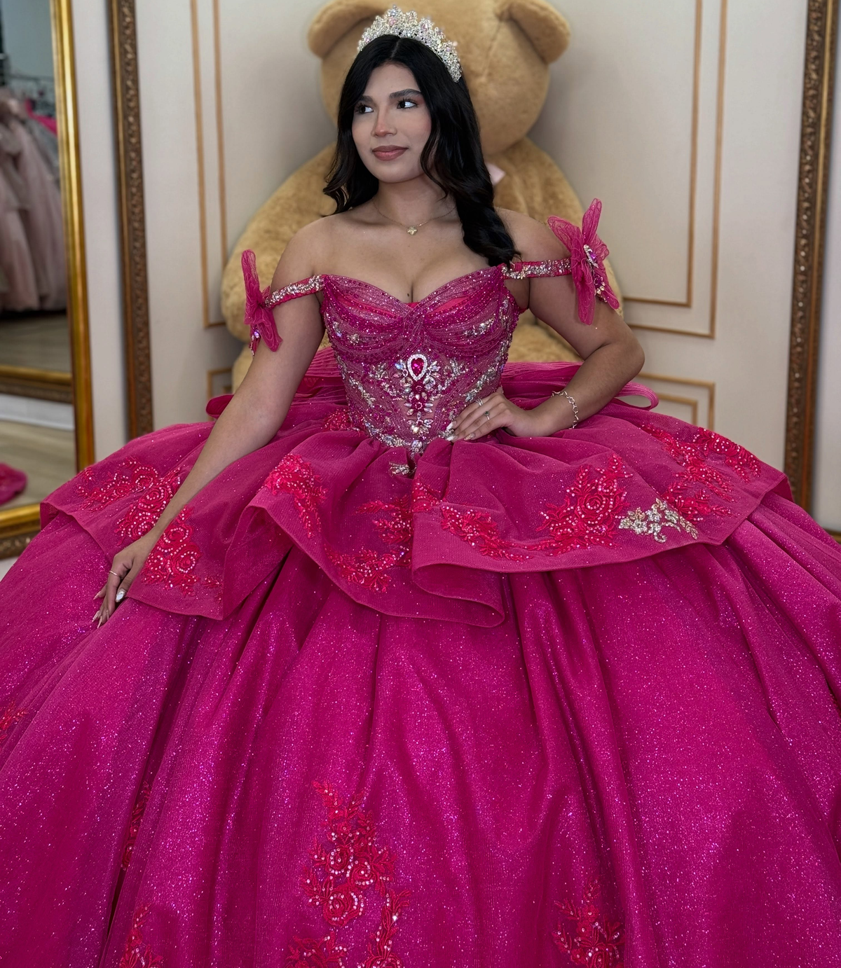 Glittery Tulle Crystal Beaded Quinceanera Dresses Off Shoulder Fuchsia Birthday Gowns HE1918