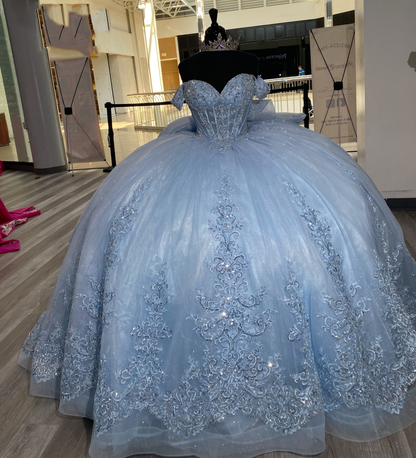 Vestidos de quinceañera con hombros descubiertos, tul princesa, apliques, vestidos de quinceañera HE530