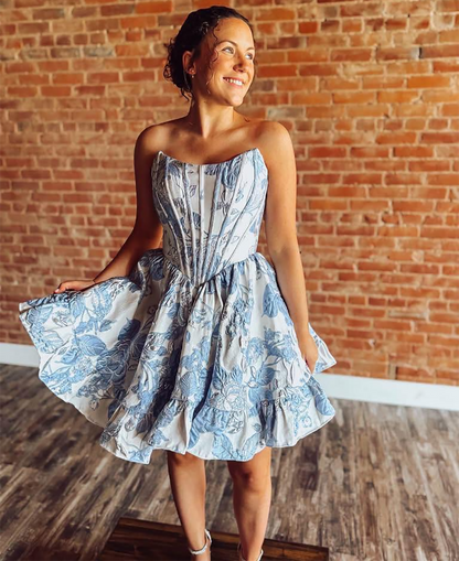 Strapless Corset Homecoming Dresses Floral Print A Line Short Party Gowns for Juniors HE1850