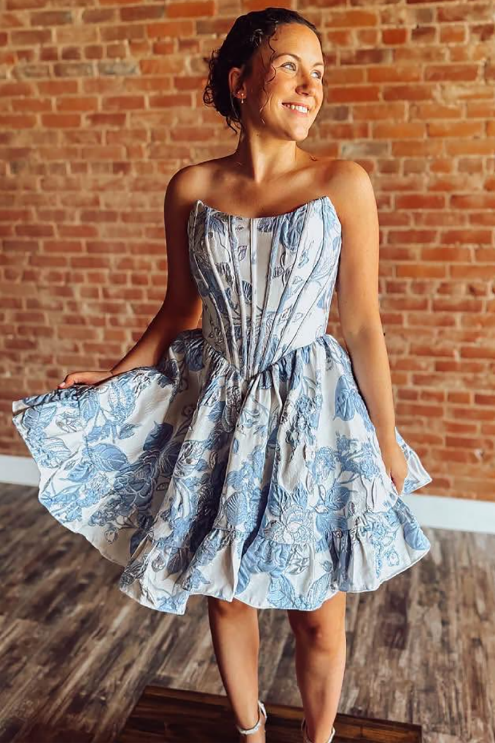Strapless Corset Homecoming Dresses Floral Print A Line Short Party Gowns for Juniors HE1850