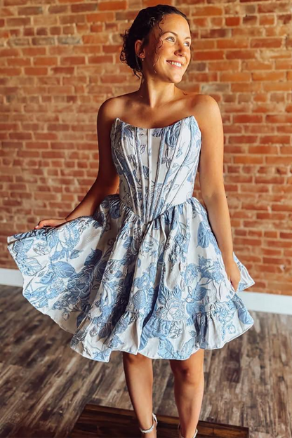 Strapless Corset Homecoming Dresses Floral Print A Line Short Party Gowns for Juniors HE1850