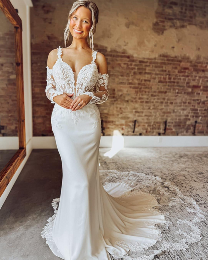 Mermaid Satin Long Sleeves Wedding Dresses for Bride Lace Boho Wedding Gowns HE1878