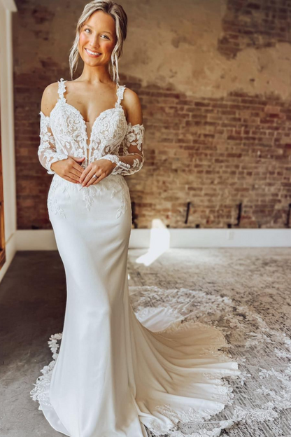 Mermaid Satin Long Sleeves Wedding Dresses for Bride Lace Boho Wedding Gowns HE1878