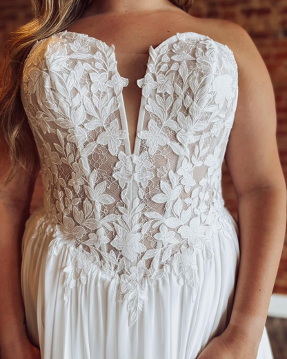 A Line Chiffon Lace Wedding Dresses Sweetheart Boho Wedding Gowns for Bride HE1877