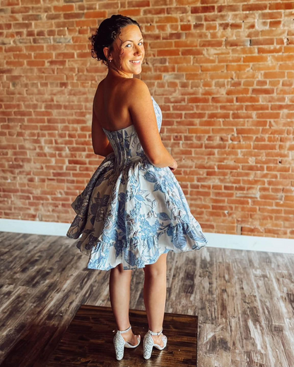 Strapless Corset Homecoming Dresses Floral Print A Line Short Party Gowns for Juniors HE1850