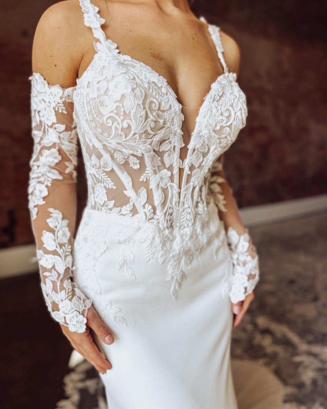 Mermaid Satin Long Sleeves Wedding Dresses for Bride Lace Boho Wedding Gowns HE1878