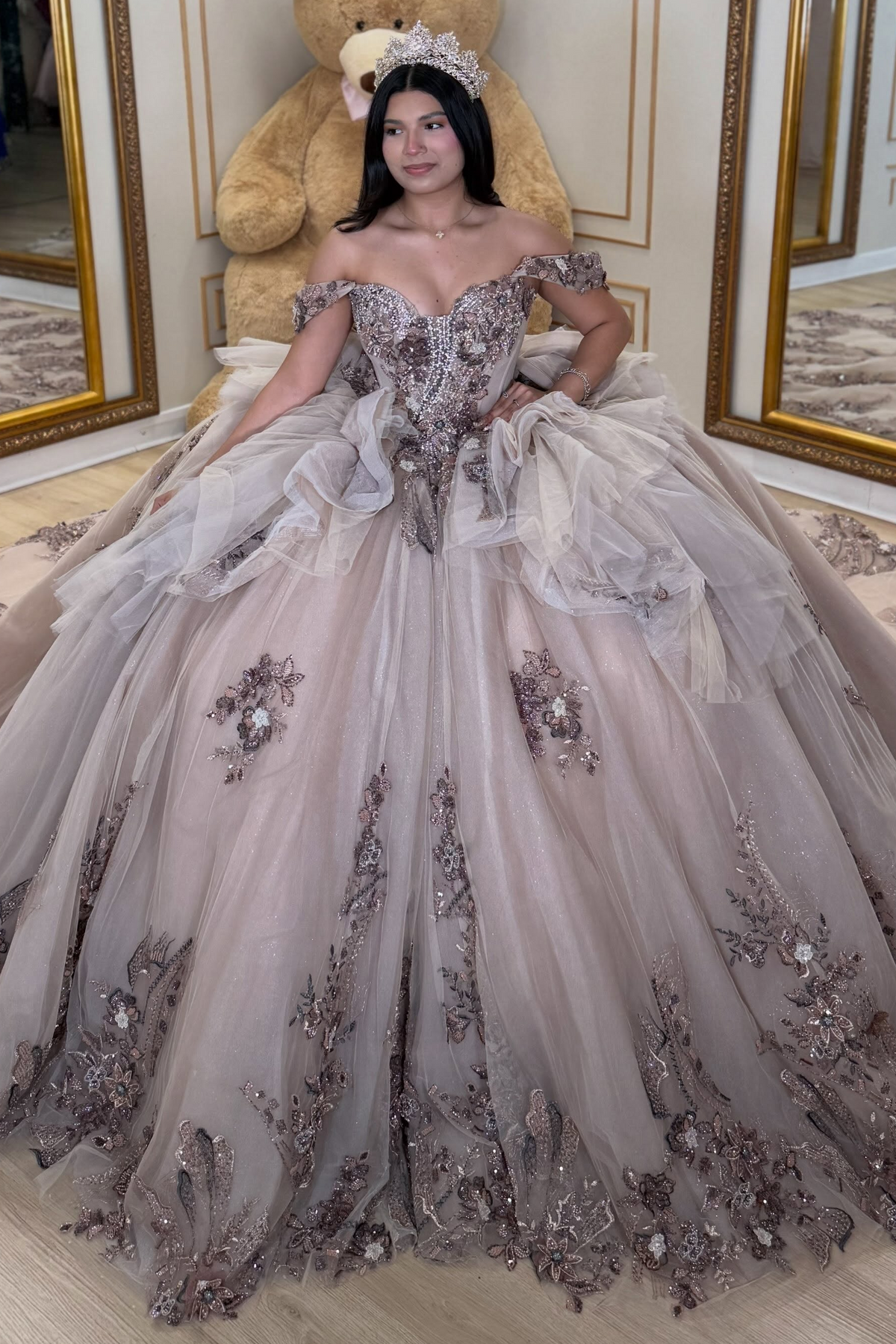 Vestidos de quinceañera con hombros descubiertos, tul princesa, apliques, vestidos de quinceañera HE530