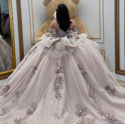 Vestidos de quinceañera con hombros descubiertos, tul princesa, apliques, vestidos de quinceañera HE530