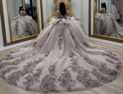 Vestidos de quinceañera con hombros descubiertos, tul princesa, apliques, vestidos de quinceañera HE530