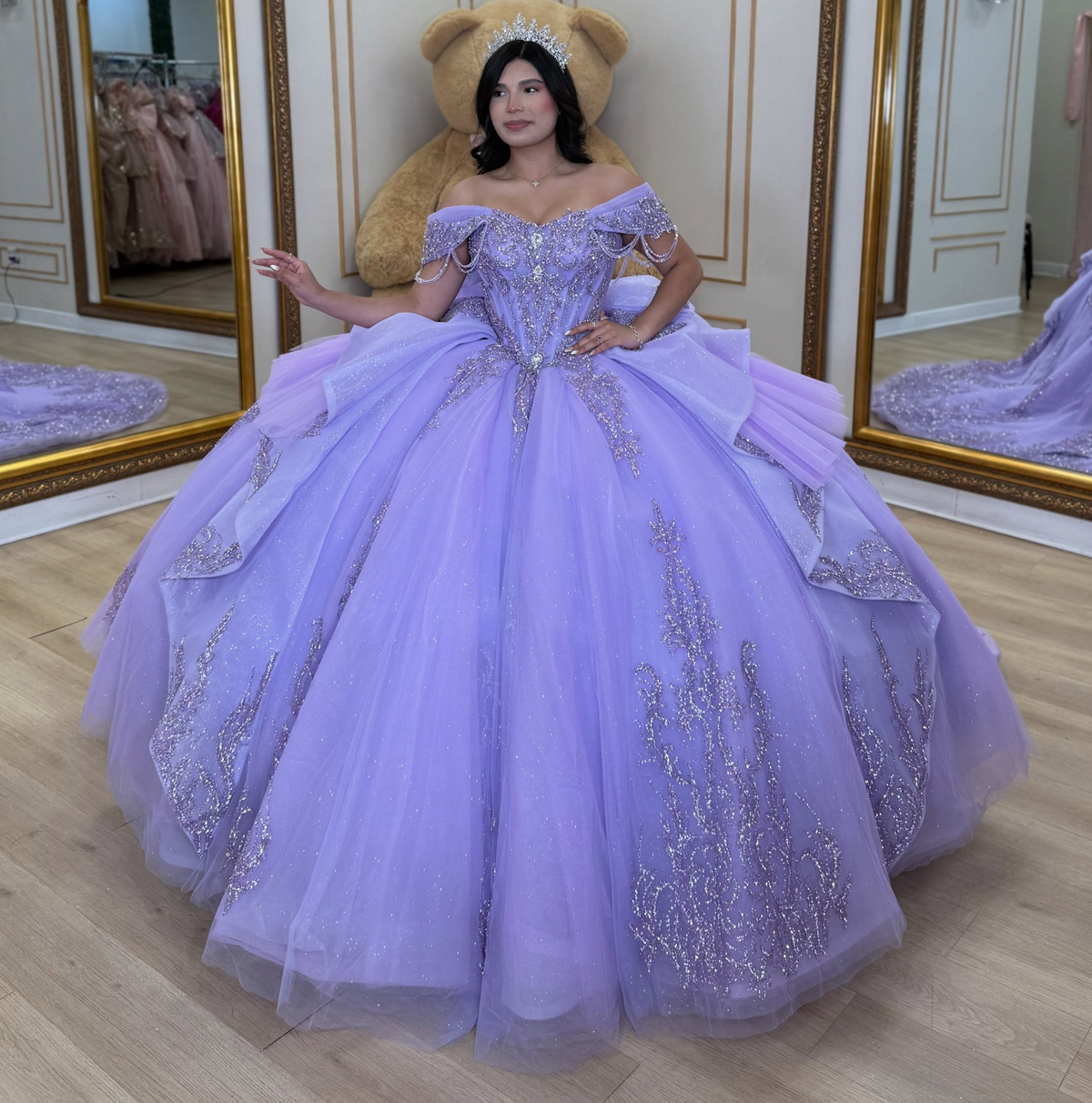 Tulle Lace Appliqued Lilac Quinceanera Dresses Off Shoulder Sweet 16 Party Gowns HE1925