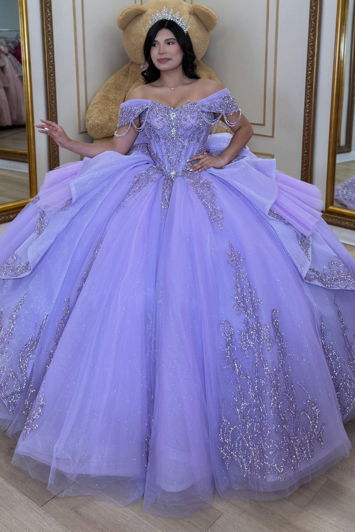 Tulle Lace Appliqued Lilac Quinceanera Dresses Off Shoulder Sweet 16 Party Gowns HE1925