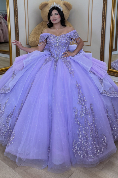 Tulle Lace Appliqued Lilac Quinceanera Dresses Off Shoulder Sweet 16 Party Gowns HE1925