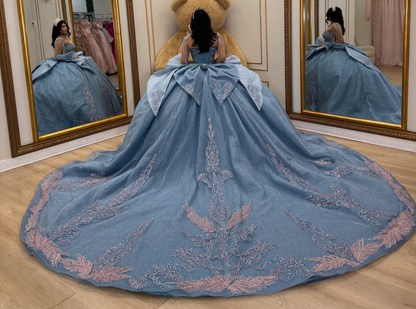 Glittery Tulle Crystal Lace Blue Quinceanera Dresses Sweetheart Party Gowns HE1927