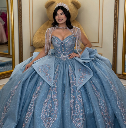 Glittery Tulle Crystal Lace Blue Quinceanera Dresses Sweetheart Party Gowns HE1927
