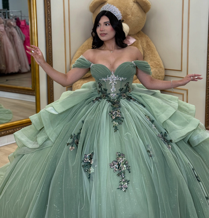 Vestidos de quinceañera con hombros descubiertos, tul princesa, apliques, vestidos de quinceañera HE530