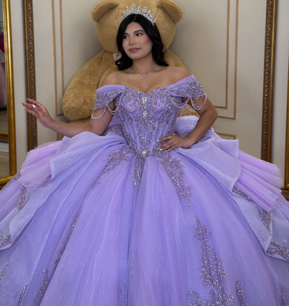 Tulle Lace Appliqued Lilac Quinceanera Dresses Off Shoulder Sweet 16 Party Gowns HE1925