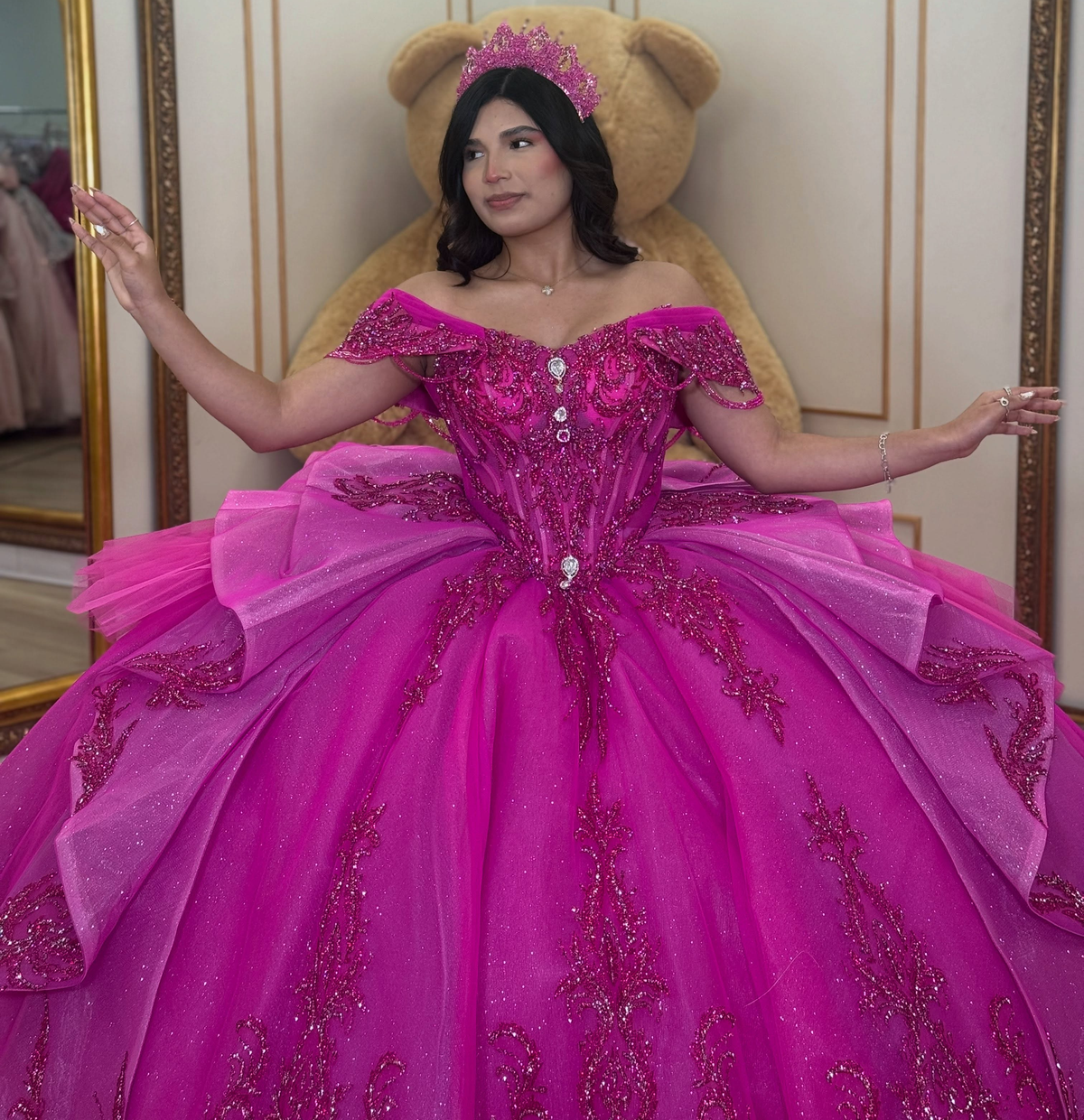 Tulle Lace Appliqued Quinceanera Dresses Off Shoulder Fuchsia Sweet 16 Party Dress HE1926
