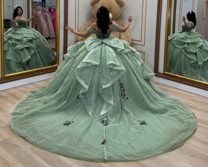 Vestidos de quinceañera con hombros descubiertos, tul princesa, apliques, vestidos de quinceañera HE530