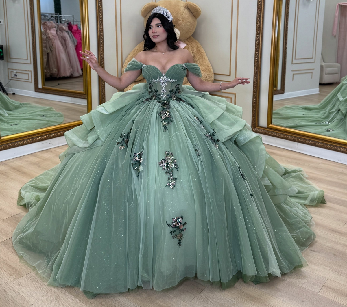Vestidos de quinceañera con hombros descubiertos, tul princesa, apliques, vestidos de quinceañera HE530