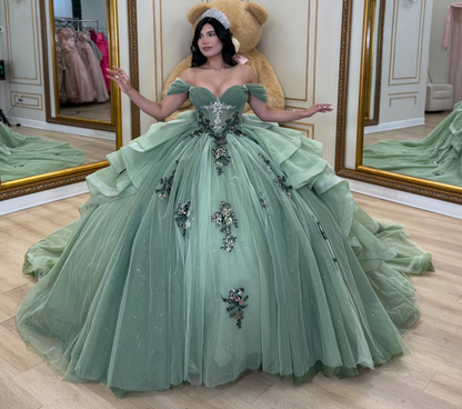 Vestidos de quinceañera con hombros descubiertos, tul princesa, apliques, vestidos de quinceañera HE530