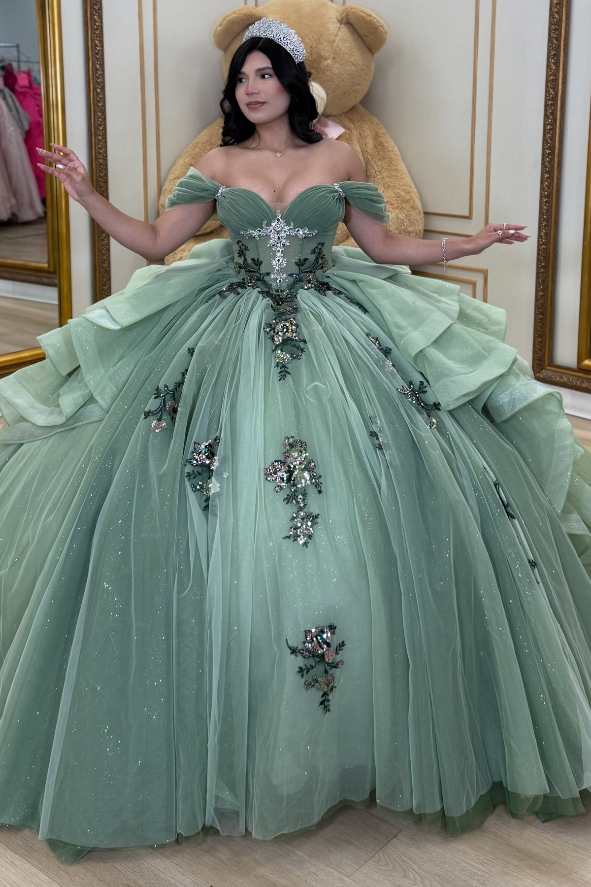 Vestidos de quinceañera con hombros descubiertos, tul princesa, apliques, vestidos de quinceañera HE530