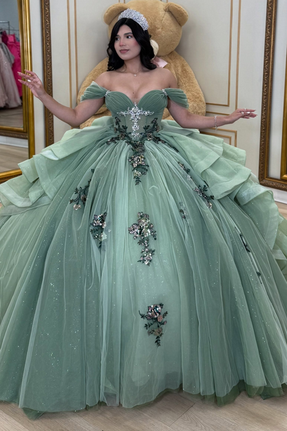 Vestidos de quinceañera con hombros descubiertos, tul princesa, apliques, vestidos de quinceañera HE530