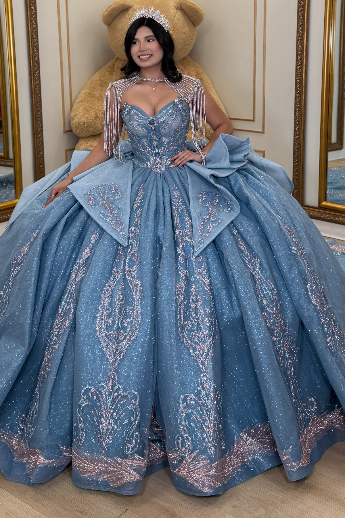 Glittery Tulle Crystal Lace Blue Quinceanera Dresses Sweetheart Party Gowns HE1927