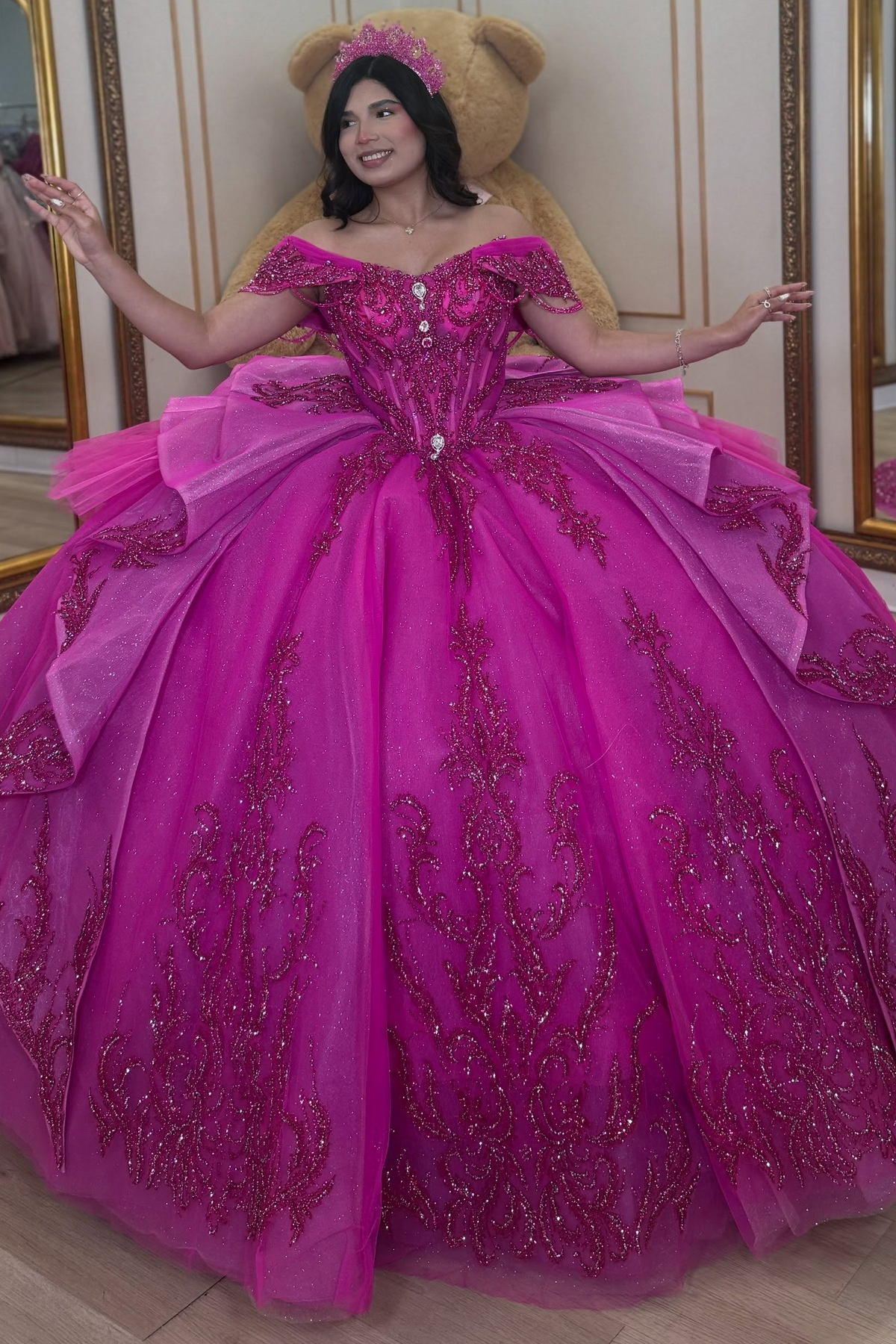 Tulle Lace Appliqued Quinceanera Dresses Off Shoulder Fuchsia Sweet 16 Party Dress HE1926