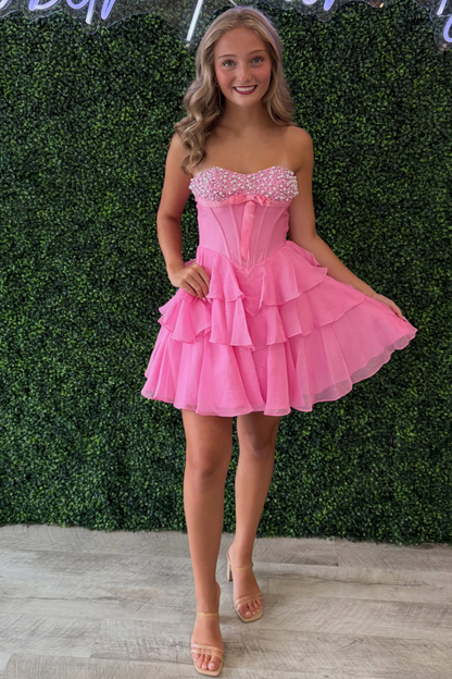 Sweetheart Chiffon Ruffled Homecoming Dresses A Line Corset Beaded Party Gowns HE1848